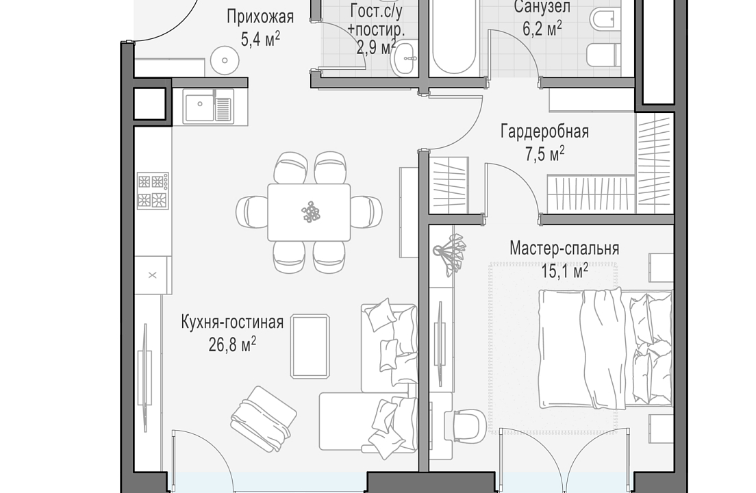 Квартира с 1 спальней 64.9 м2 в ЖК Лаврушинский
