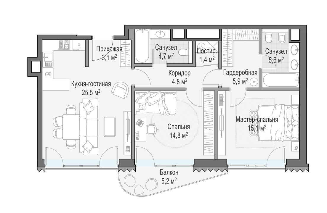 Квартира с 2 спальнями 82.8 м2 в ЖК Лаврушинский