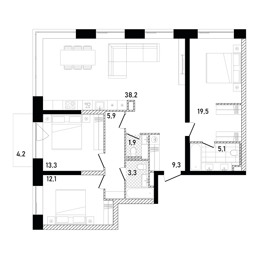 Планировка Квартира с 3 спальнями 109.87 м2 в ЖК Republic