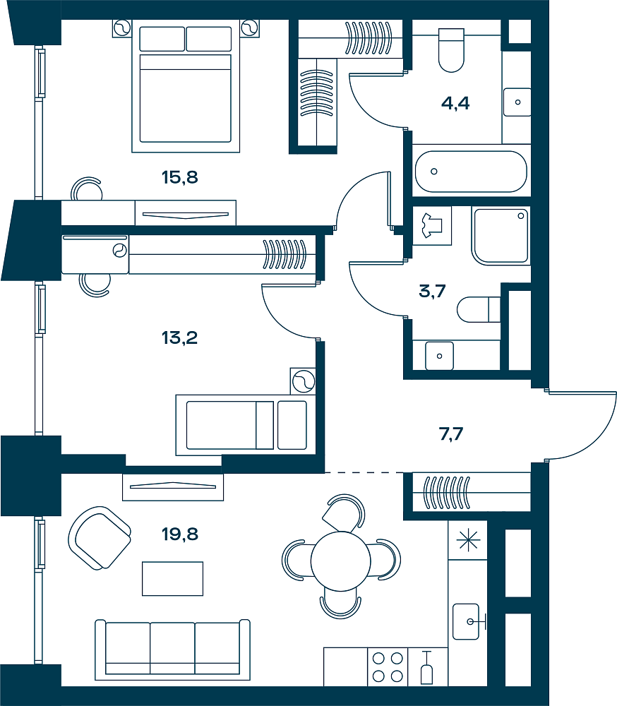 Планировка Квартира с 2 спальнями 64.6 м2 в ЖК Soul