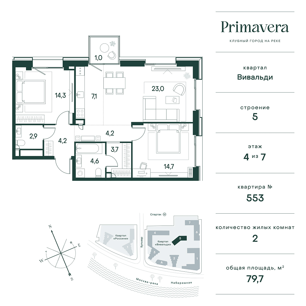 Планировка Квартира с 2 спальнями 79.7 м2 в ЖК Primavera