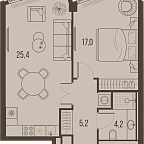 Планировка Квартира с 1 спальней 52.4 м2 в ЖК High Life