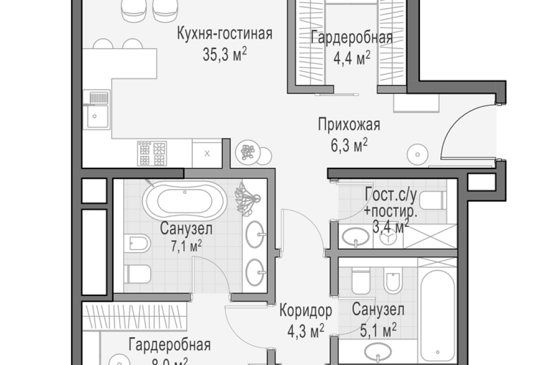 Квартира с 2 спальнями 107 м2 в ЖК Лаврушинский