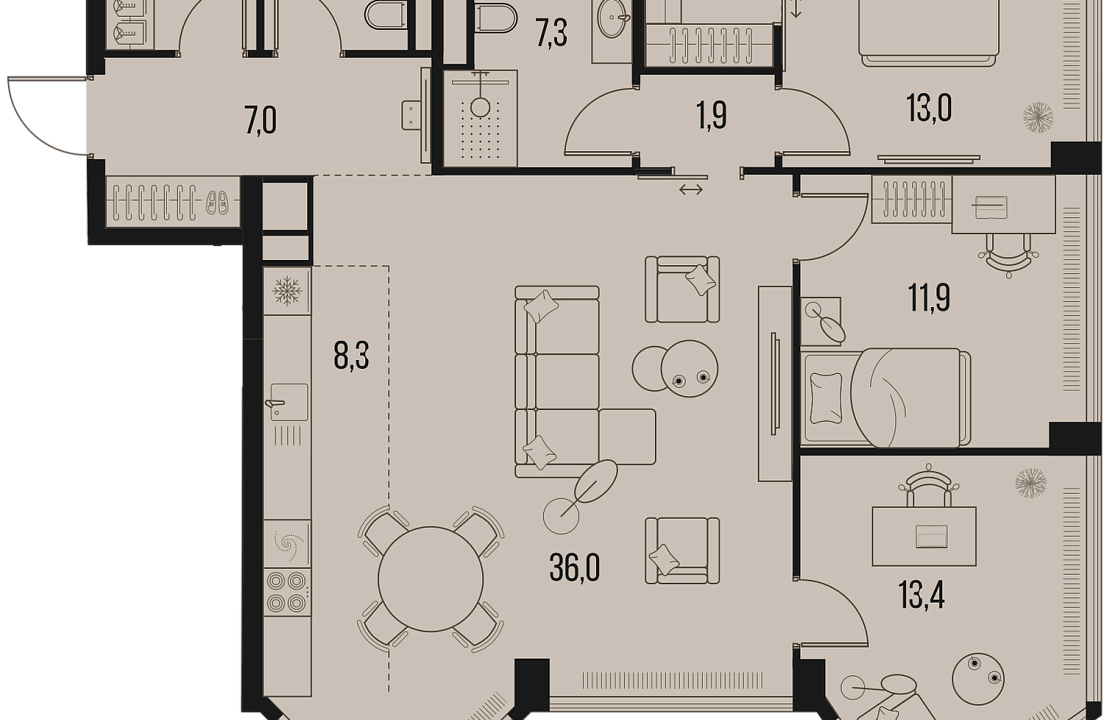 Квартира с 3 спальнями 110 м2 в ЖК High Life