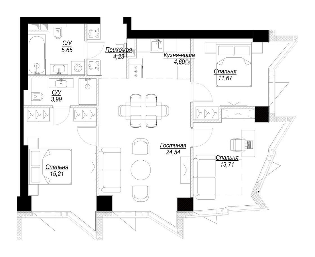 Планировка Квартира с 3 спальнями 83.6 м2 в ЖК Famous