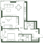 Планировка Квартира с 2 спальнями 70.6 м2 в ЖК Moments