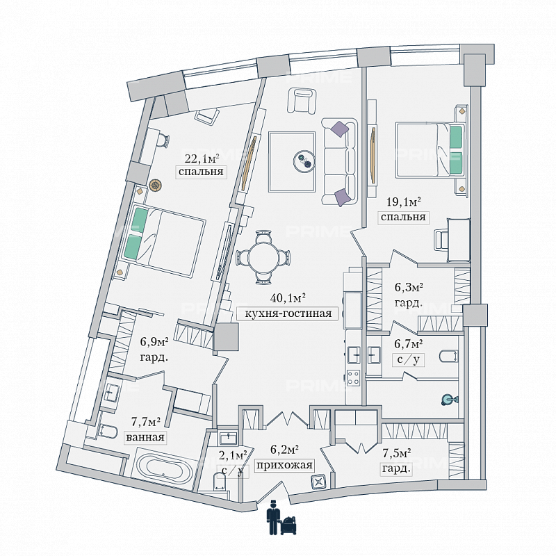 Планировка Апартаменты с 2 спальнями 133.3 м2 в ЖК Звезды Арбата