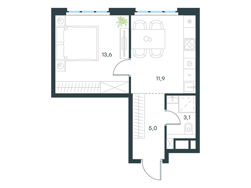 Планировка Апартаменты с 1 спальней 33.6 м2 в ЖК Level Южнопортовая