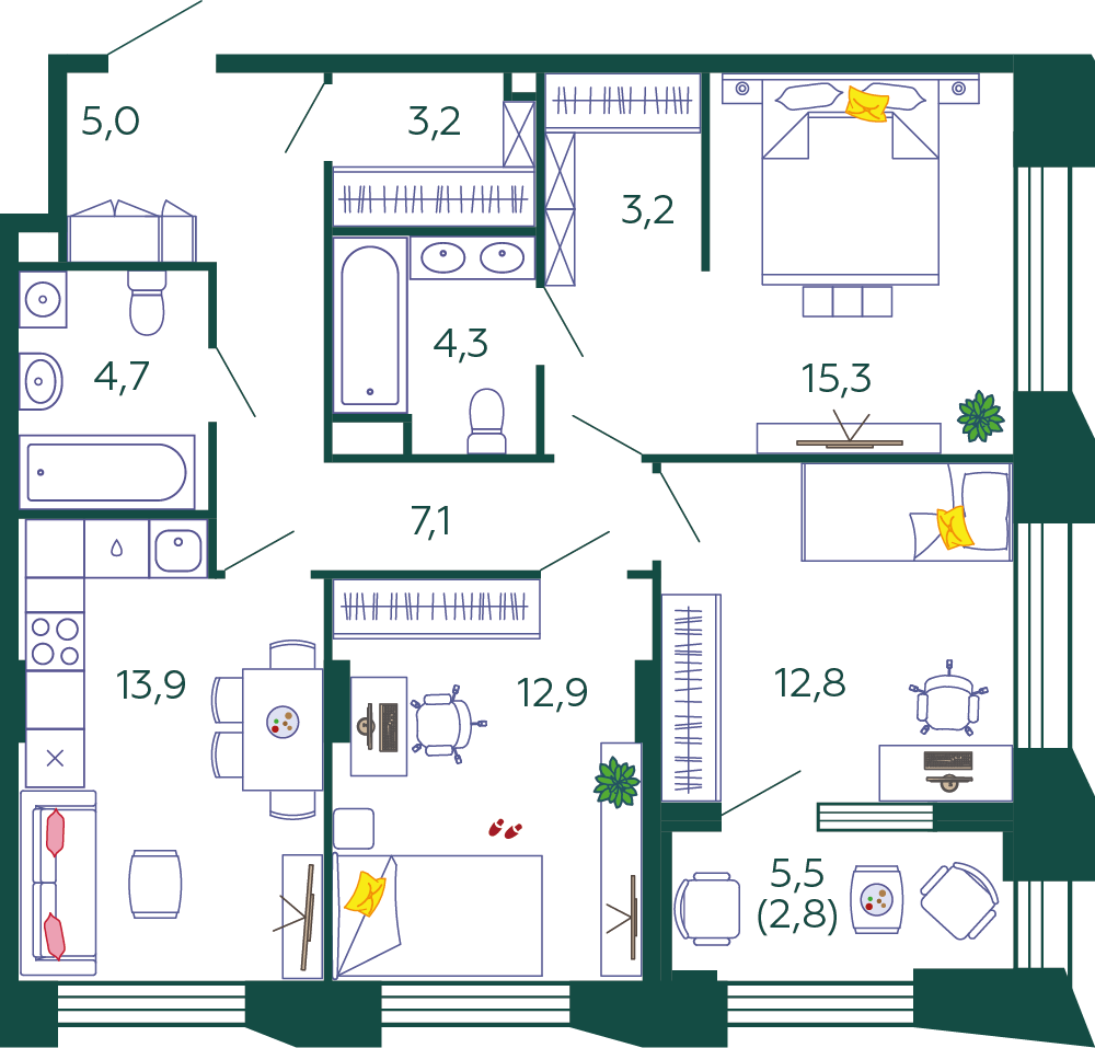 Планировка Квартира с 3 спальнями 85.2 м2 в ЖК Shagal