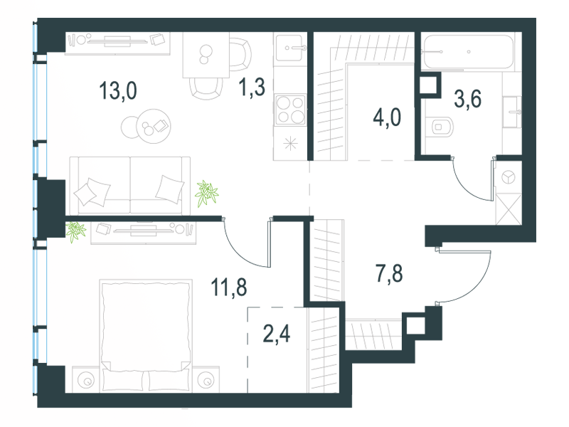 Планировка Квартира с 1 спальней 43.9 м2 в ЖК Level Мичуринский