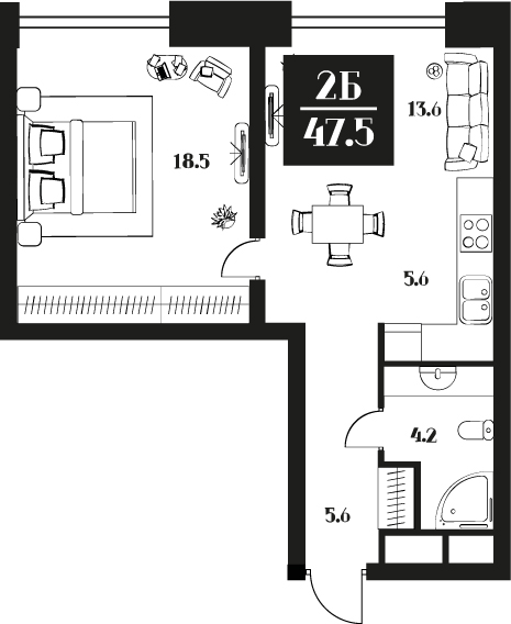 Апартаменты с 1 спальней 47.5 м2 в ЖК Deco Residence
