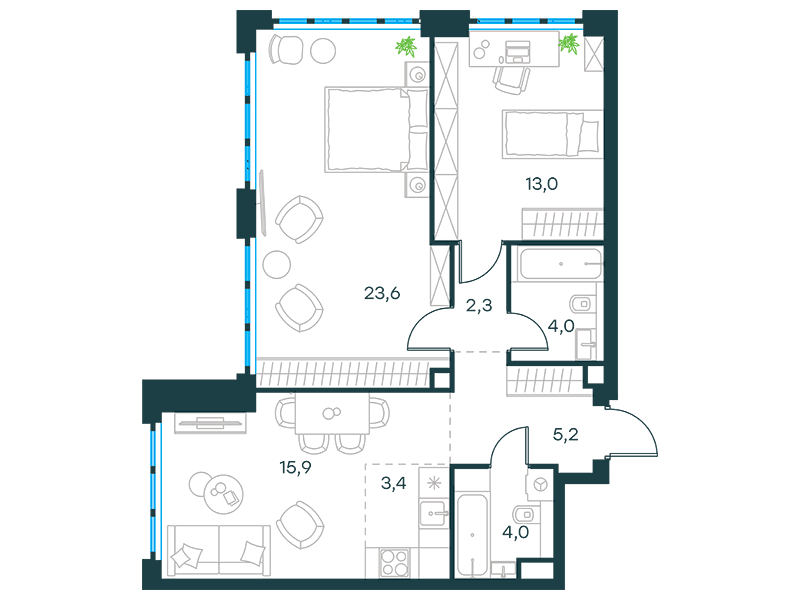 Планировка Квартира с 2 спальнями 71.4 м2 в ЖК Level Южнопортовая
