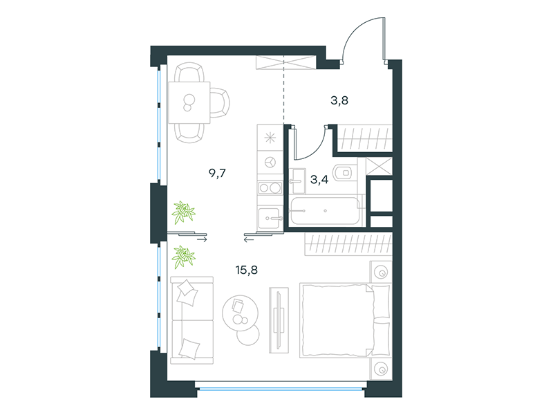 Планировка Апартаменты с 1 спальней 32.7 м2 в ЖК Level Южнопортовая