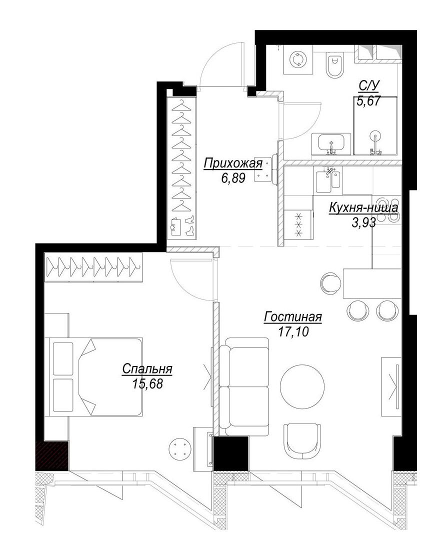 Планировка Квартира с 1 спальней 49.27 м2 в ЖК Famous