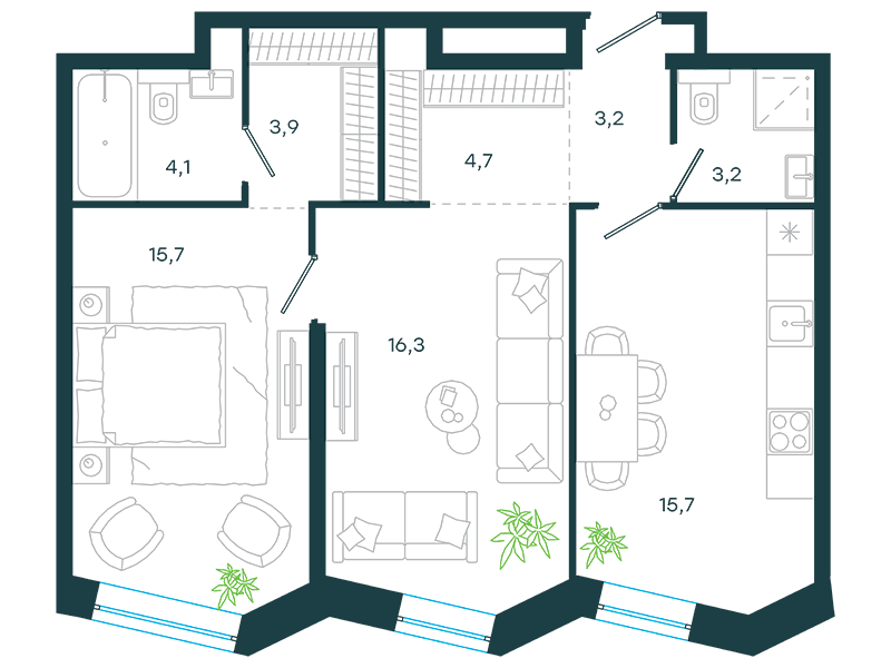 Планировка Апартаменты с 1 спальней 66.8 м2 в ЖК Level Стрешнево