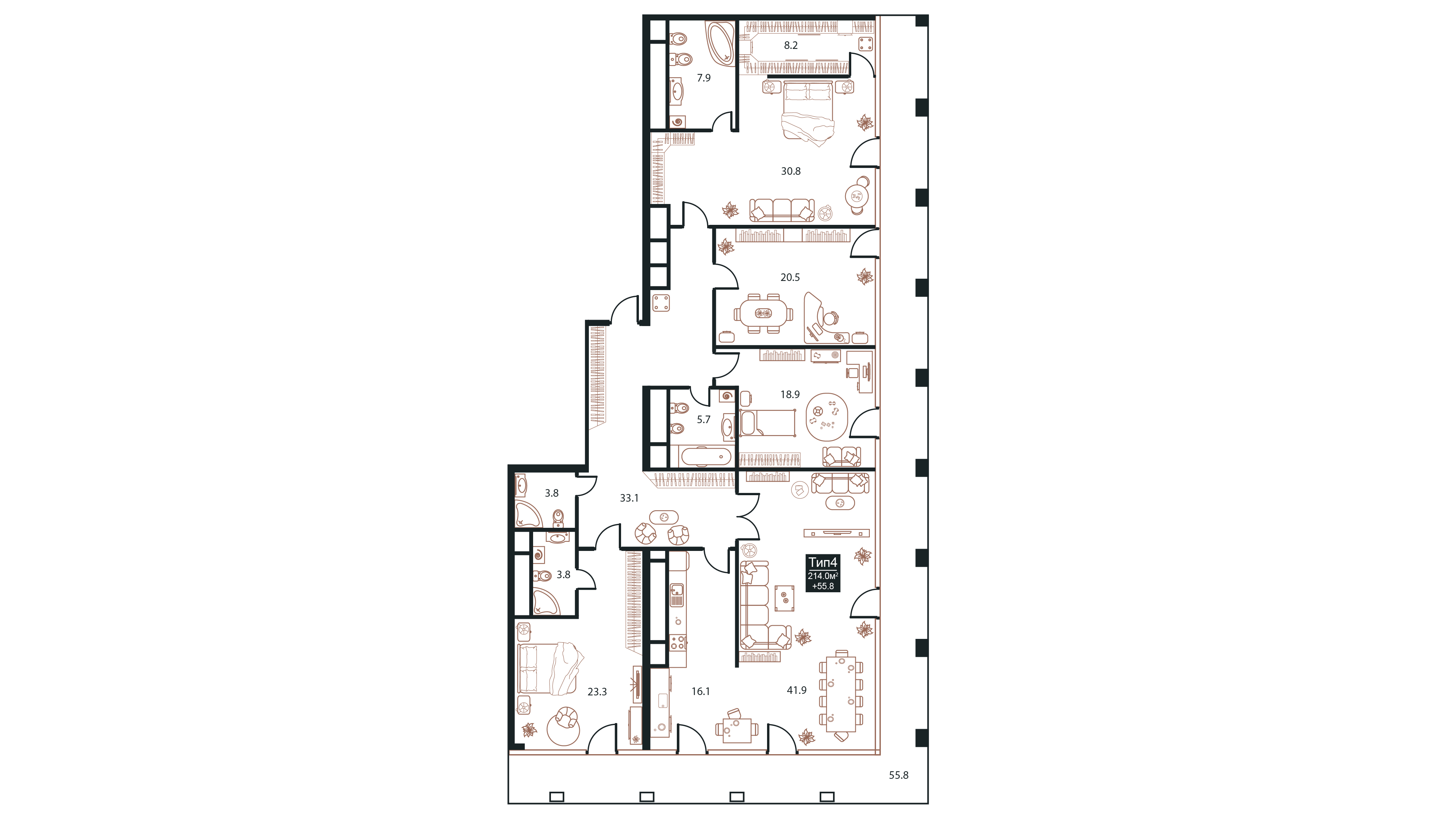 Планировка Апартаменты с 4 спальнями 214 м2 в ЖК West Tower