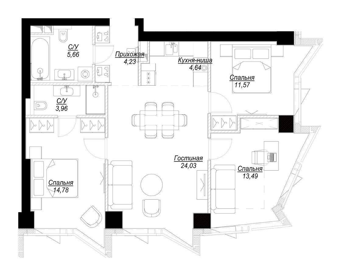 Планировка Квартира с 3 спальнями 82.36 м2 в ЖК Famous