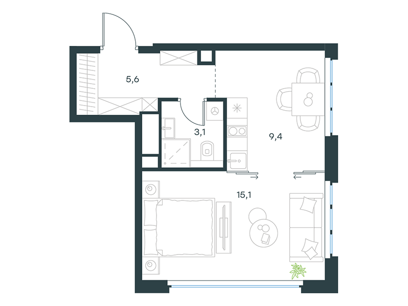 Планировка Апартаменты с 1 спальней 33.2 м2 в ЖК Level Южнопортовая