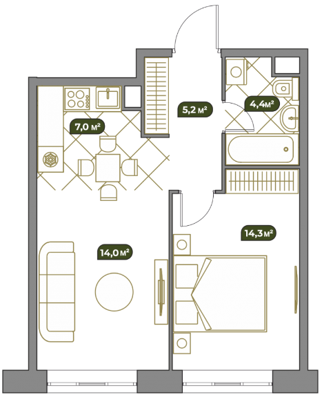Layout picture 3-rooms from 43.5 m2 Photo 2