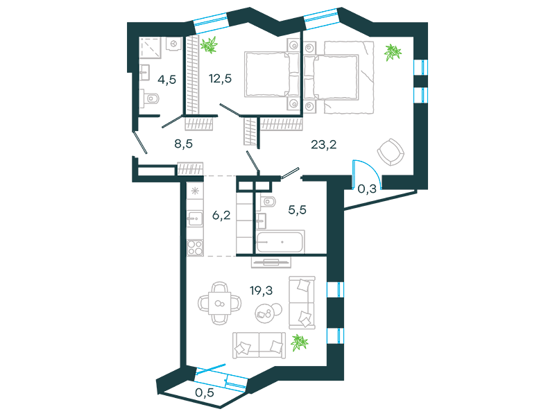 Апартаменты с 2 спальнями 80.5 м2 в ЖК Level Стрешнево