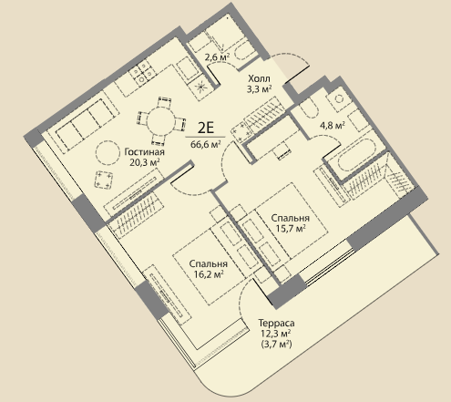 Квартира с 2 спальнями 66.5 м2 в ЖК Stories