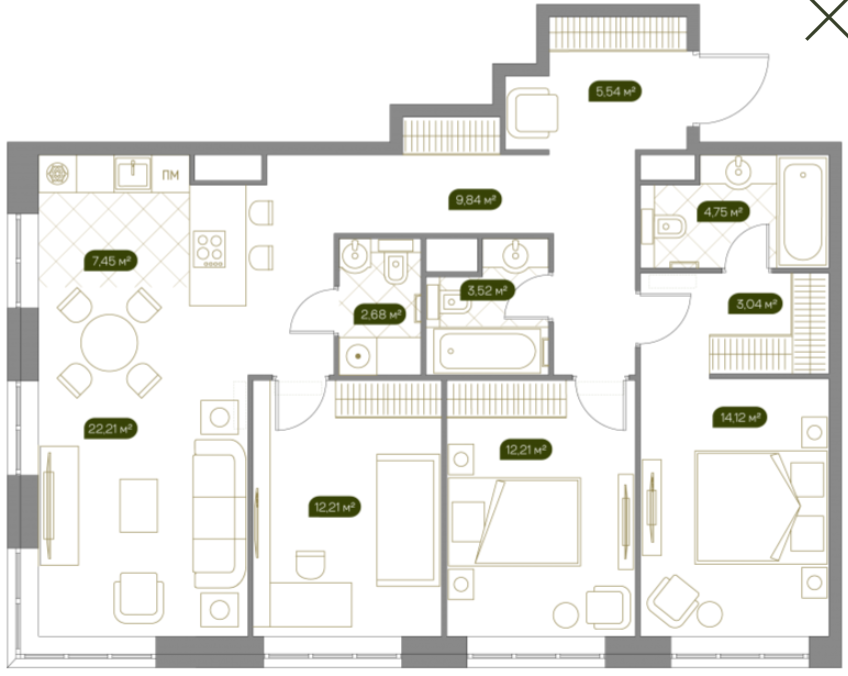 Планировка Квартира с 4 спальнями 97.9 м2 в ЖК West Garden