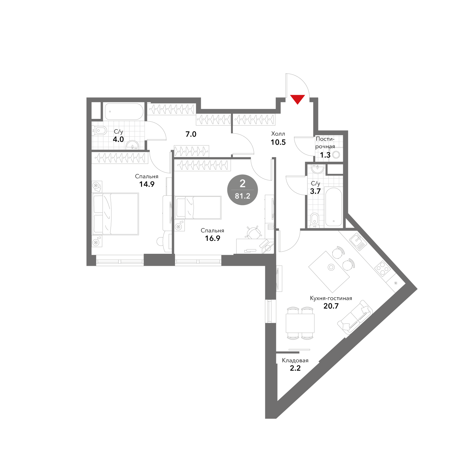 Планировка Квартира с 3 спальнями 81.2 м2 в ЖК Voxhall