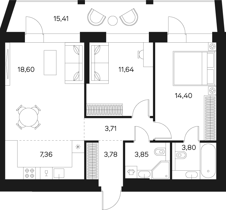 Планировка Квартира с 3 спальнями 74.85 м2 в ЖК Forst
