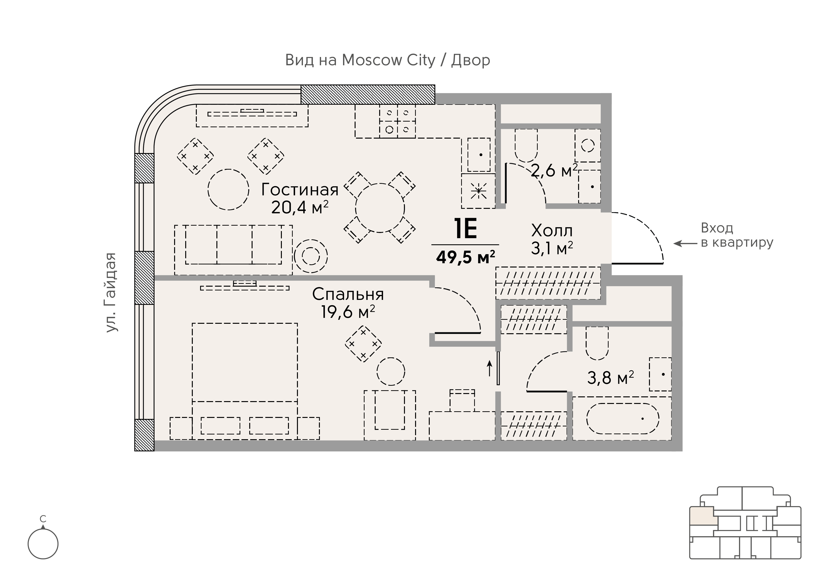 Планировка Квартира с 1 спальней 49.5 м2 в ЖК Stories