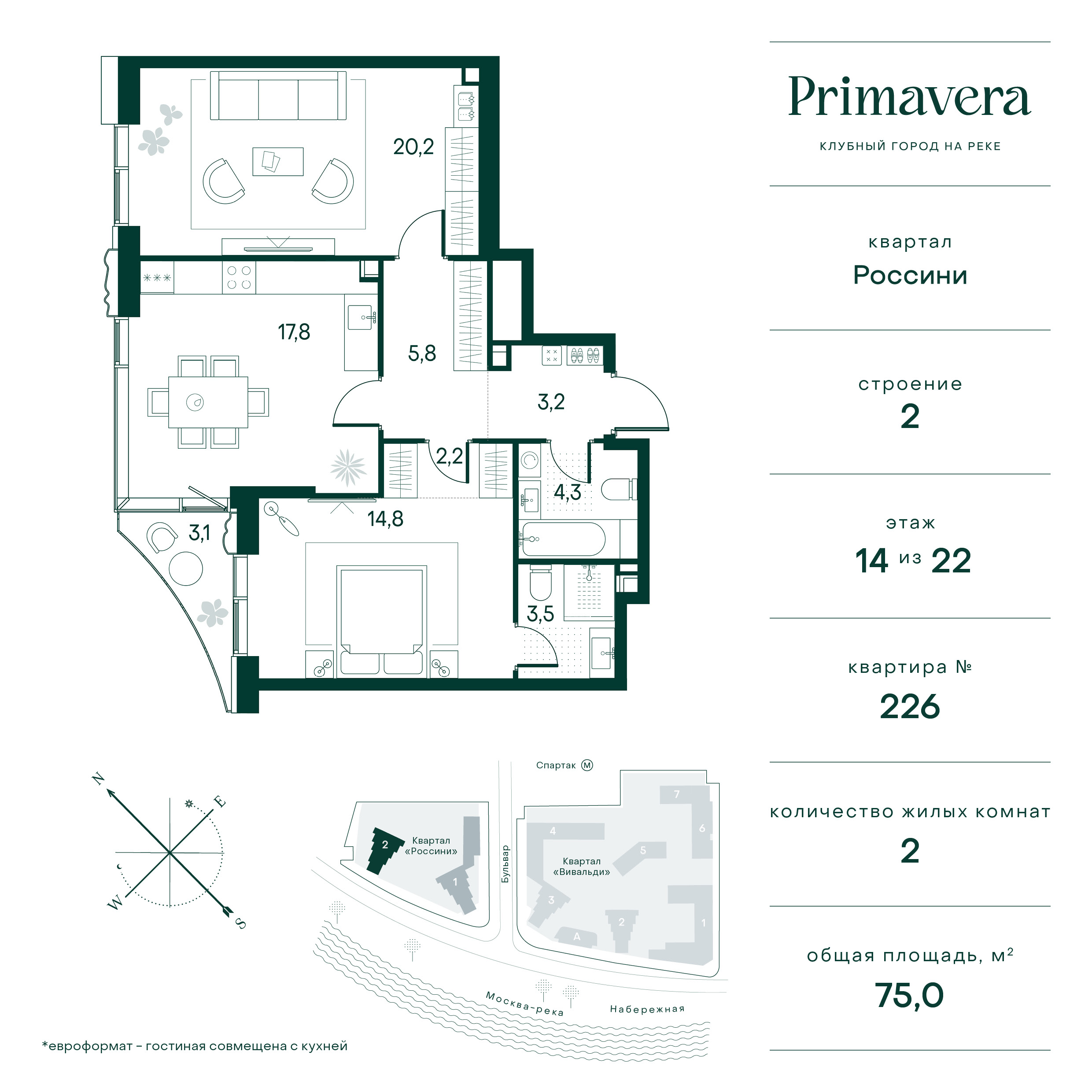 Планировка Квартира с 2 спальнями 74.5 м2 в ЖК Primavera