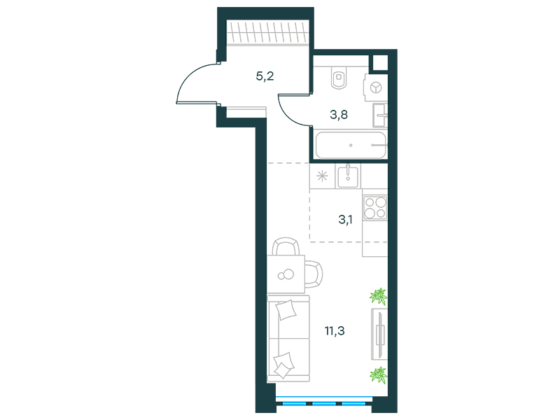 Планировка Квартира с 1 спальней 23.4 м2 в ЖК Level Южнопортовая