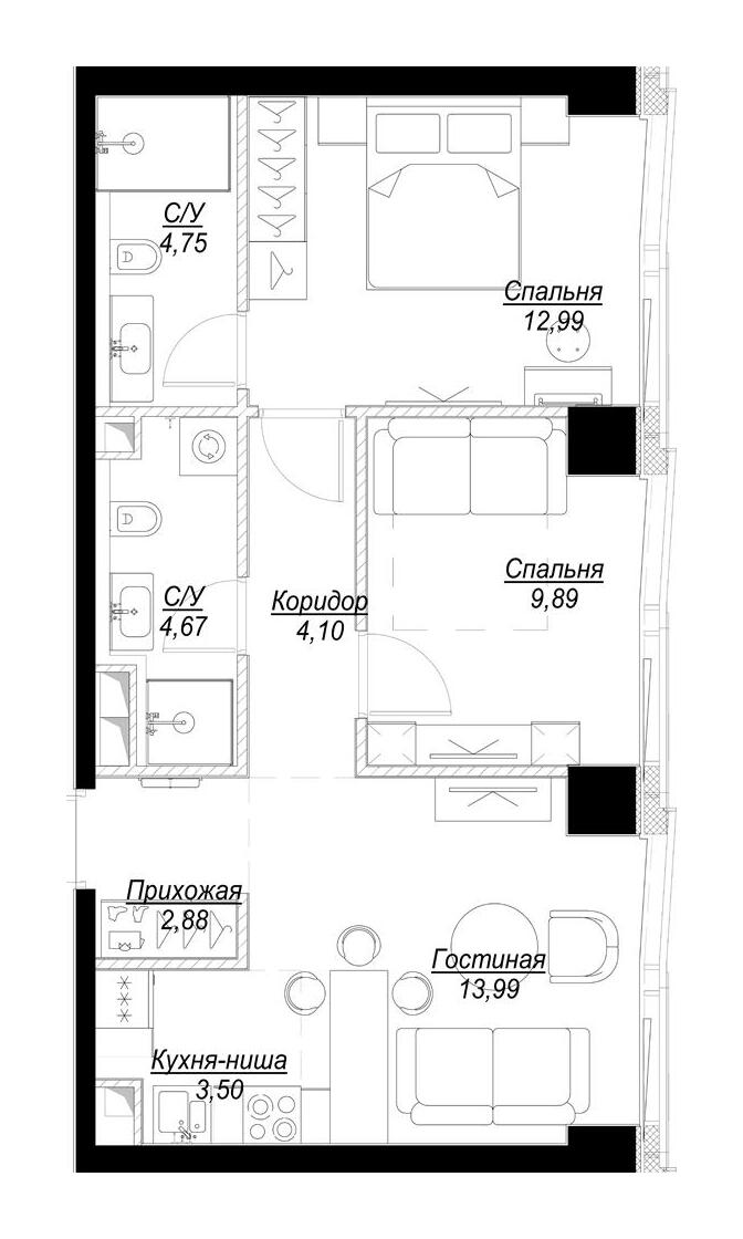 Планировка Квартира с 2 спальнями 56.77 м2 в ЖК Famous