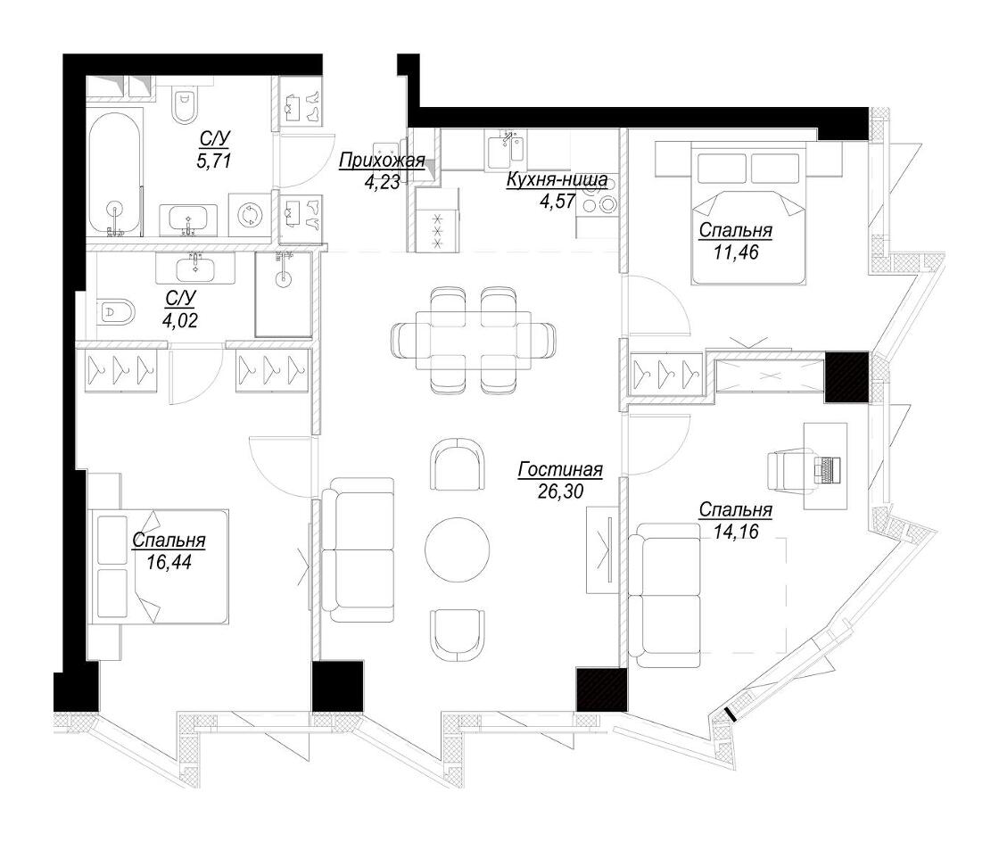 Планировка Квартира с 3 спальнями 86.89 м2 в ЖК Famous