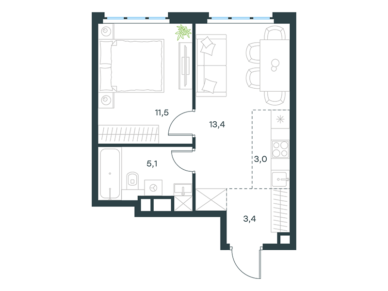 Планировка Апартаменты с 1 спальней 36.4 м2 в ЖК Level Южнопортовая