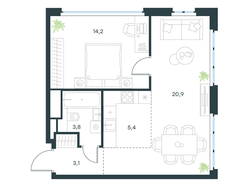 Апартаменты с 1 спальней 47.4 м2 в ЖК Level Южнопортовая