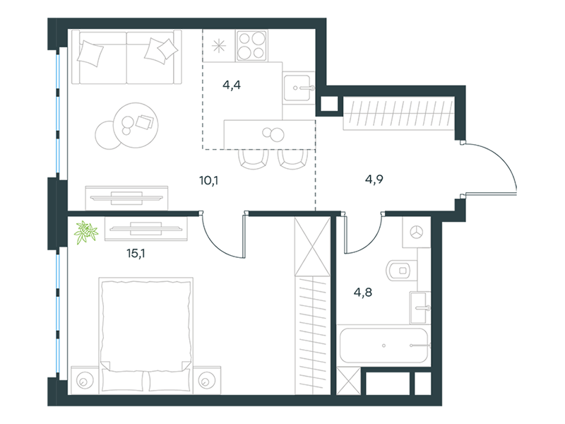 Апартаменты с 1 спальней 39.3 м2 в ЖК Level Южнопортовая