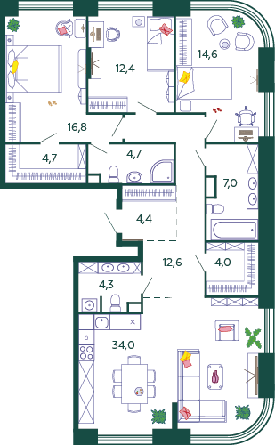 Планировка Квартира с 3 спальнями 119.5 м2 в ЖК Shagal