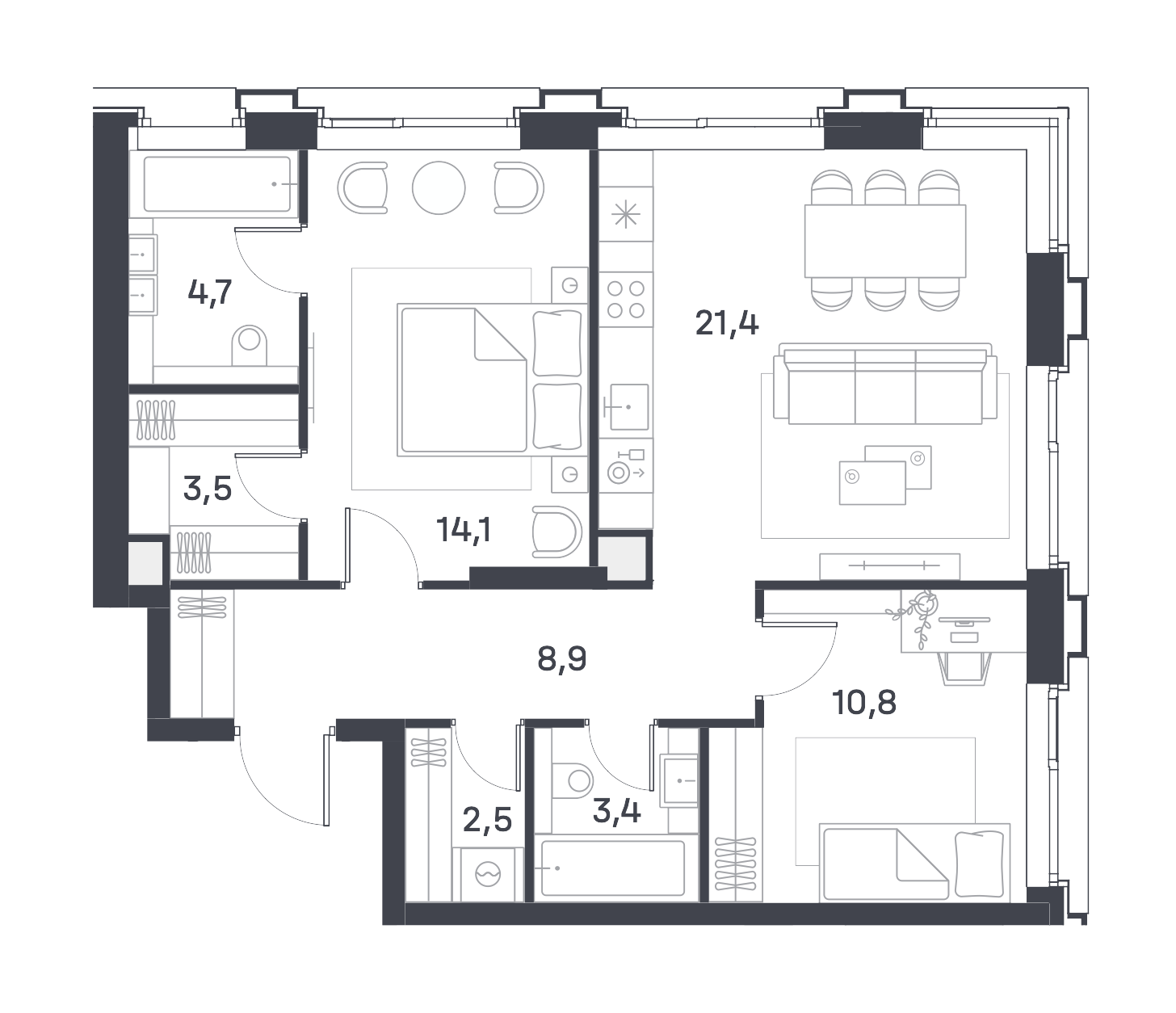 Планировка Квартира с 2 спальнями 69.3 м2 в ЖК Portland