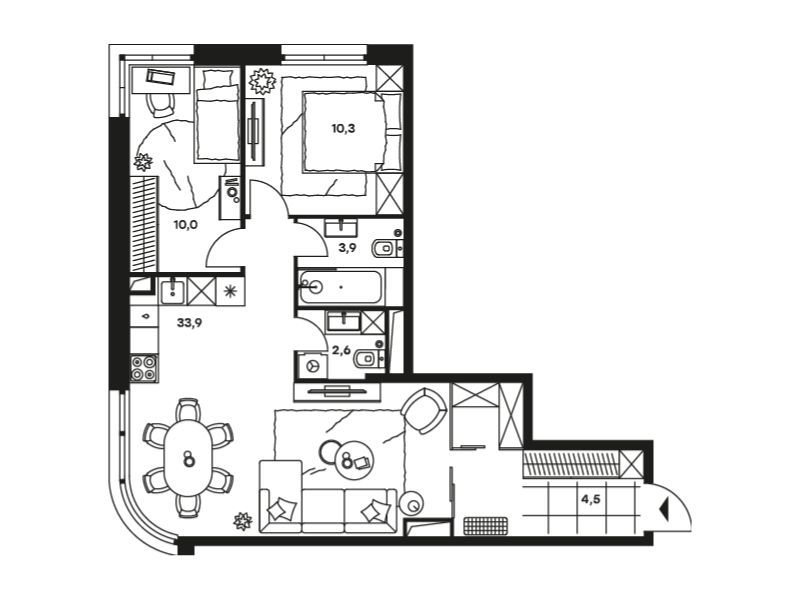 Планировка Апартаменты с 2 спальнями 65.2 м2 в ЖК Level Стрешнево