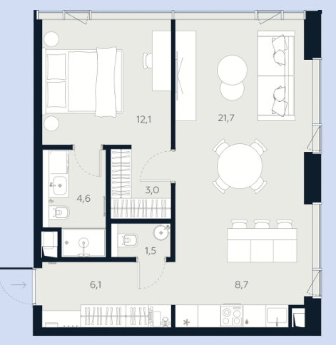 Апартаменты с 1 спальней 57.7 м2 в ЖК Logos