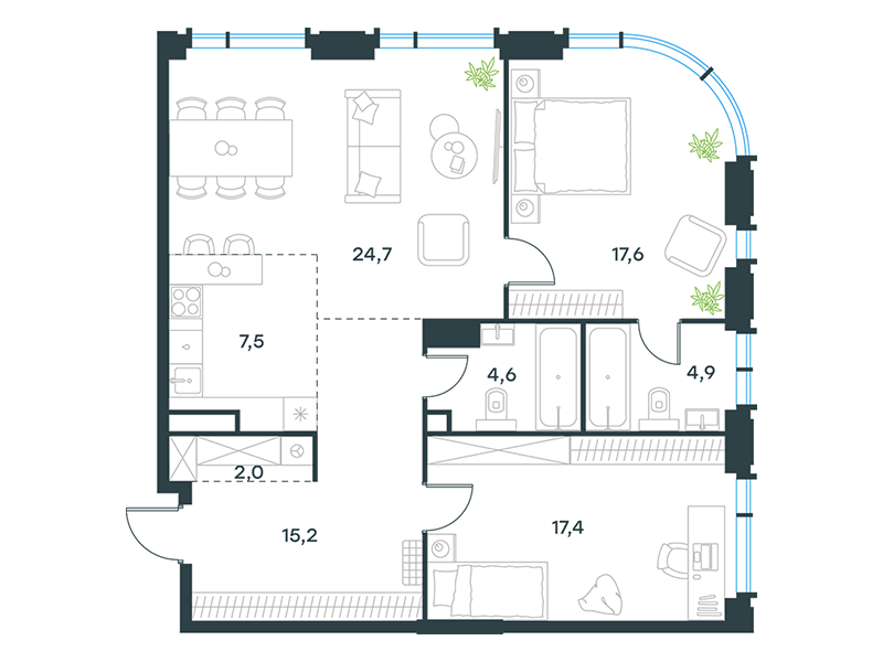 Планировка Квартира с 2 спальнями 93.9 м2 в ЖК Level Академическая