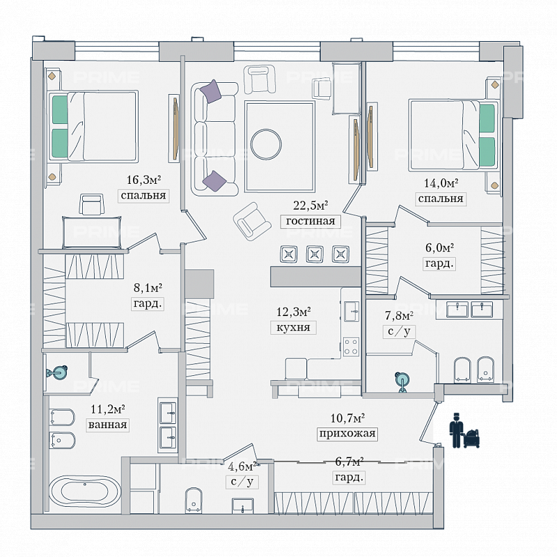 Планировка Апартаменты с 2 спальнями 124.9 м2 в ЖК Звезды Арбата