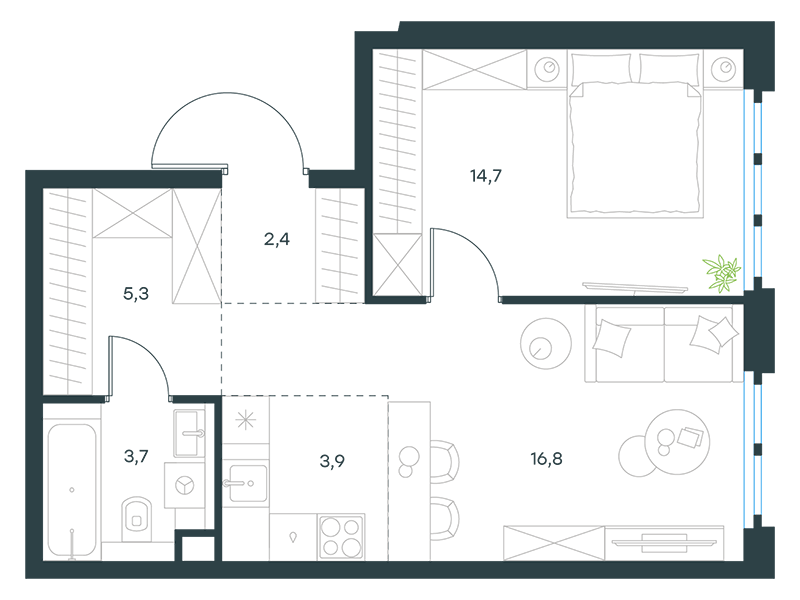 Планировка Квартира с 1 спальней 46.8 м2 в ЖК Level Южнопортовая