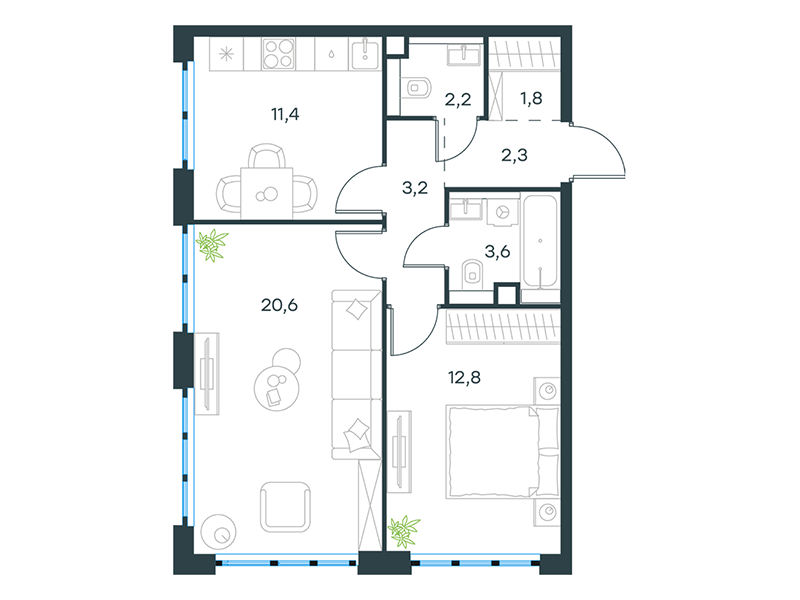 Планировка Квартира с 1 спальней 57.9 м2 в ЖК Level Южнопортовая