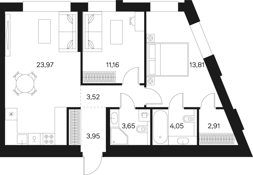 Квартира с 2 спальнями 66.52 м2 в ЖК Forst