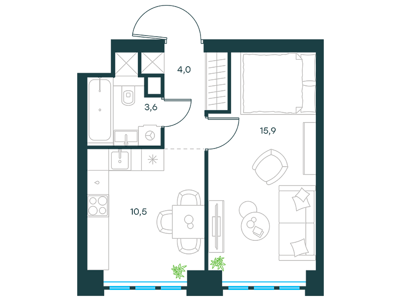 Планировка Квартира с 1 спальней 33.9 м2 в ЖК Level Южнопортовая