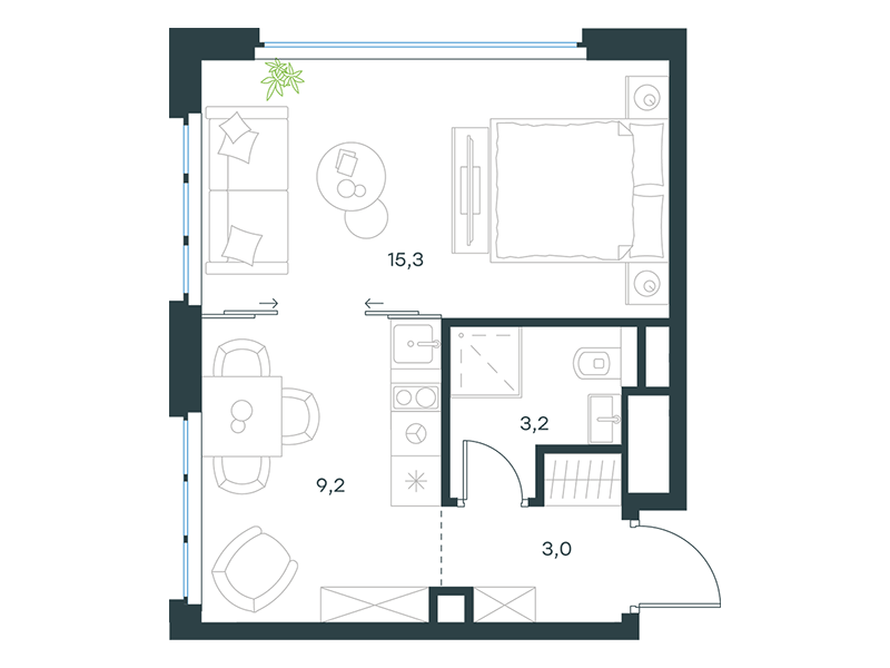 Планировка Апартаменты с 1 спальней 30.7 м2 в ЖК Level Южнопортовая