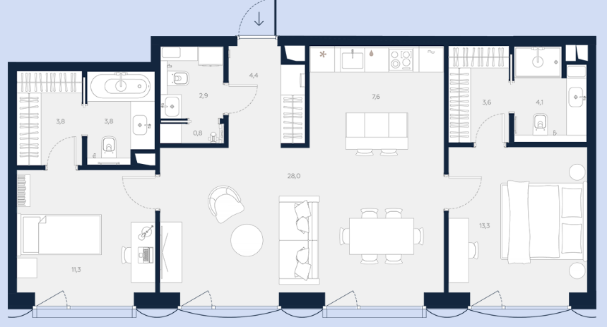 Планировка Апартаменты с 2 спальнями 83.6 м2 в ЖК Logos