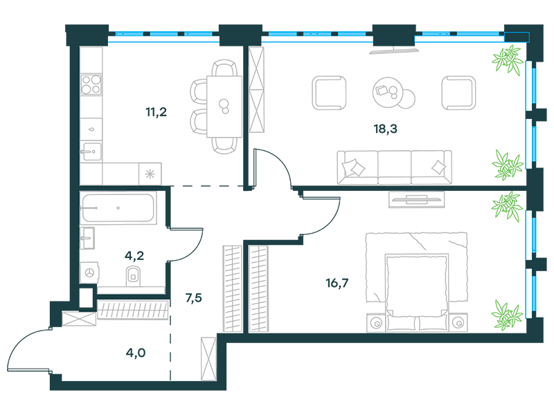 Планировка Квартира с 1 спальней 61.9 м2 в ЖК Level Южнопортовая