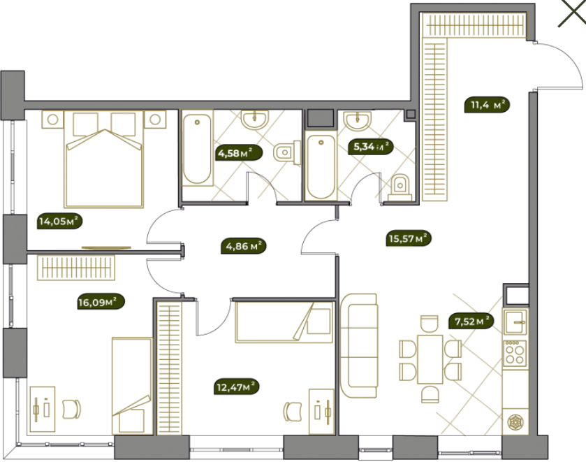 Планировка Квартира с 4 спальнями 91.7 м2 в ЖК West Garden